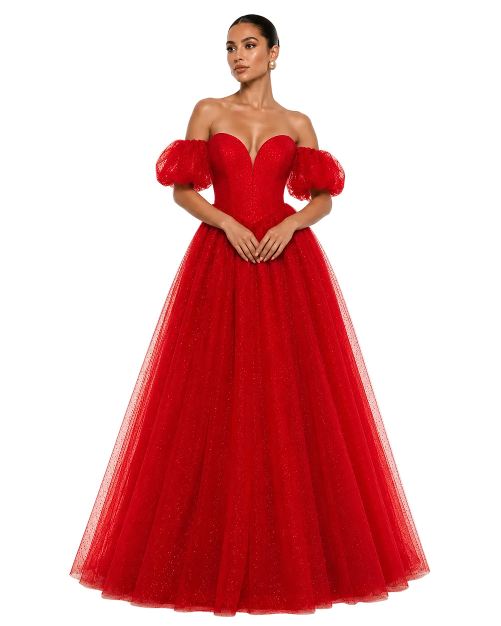 Portia & Scarlett PS24066 Red Glitter Bow Off-Shoulder Ball Gown – M & XL